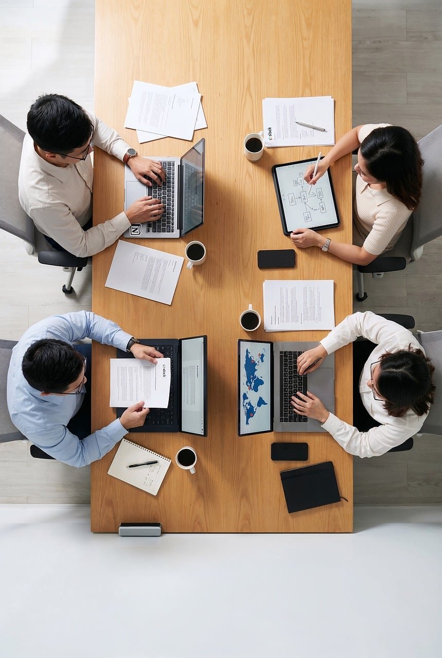 overhead, documentation, focused, work, symmetrical, laptop, papers, coffee, busy, productivity, desk, surface, textures, organization, employee, task, output, concentration, high-angle, office